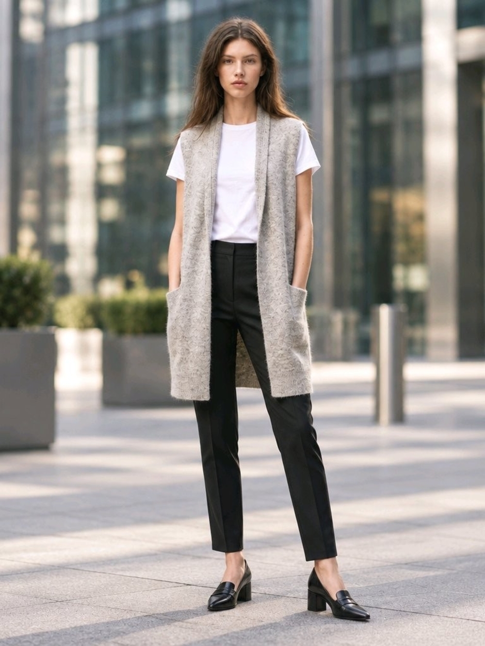 Tahari Heather Gray Knit Open Front Duster Cardigan Vest w/ Pockets - Size XS